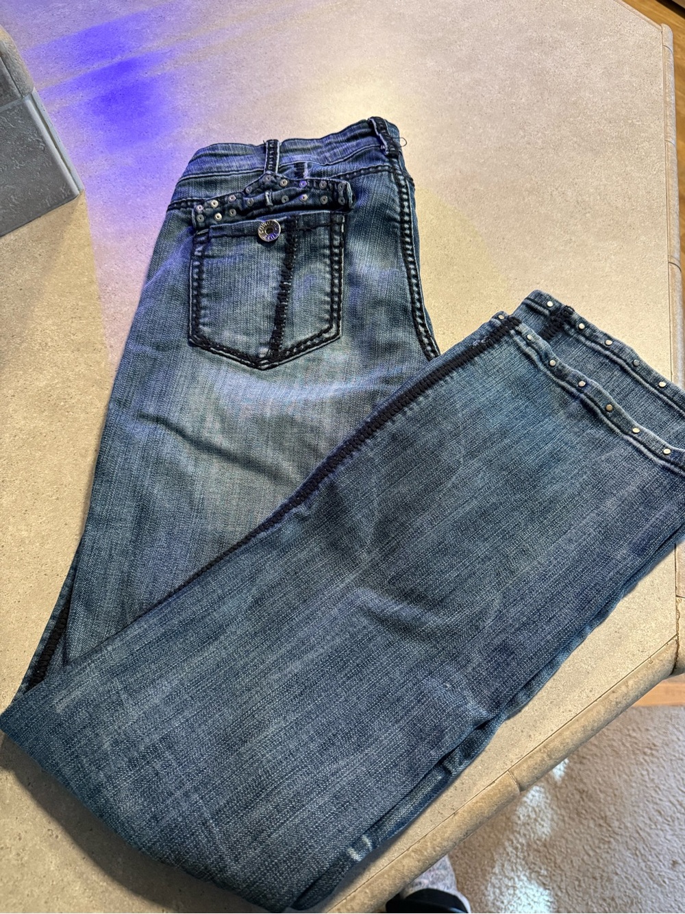 Stud-Trim Straight Leg Jeans — Dark Blue Women’s Jeans